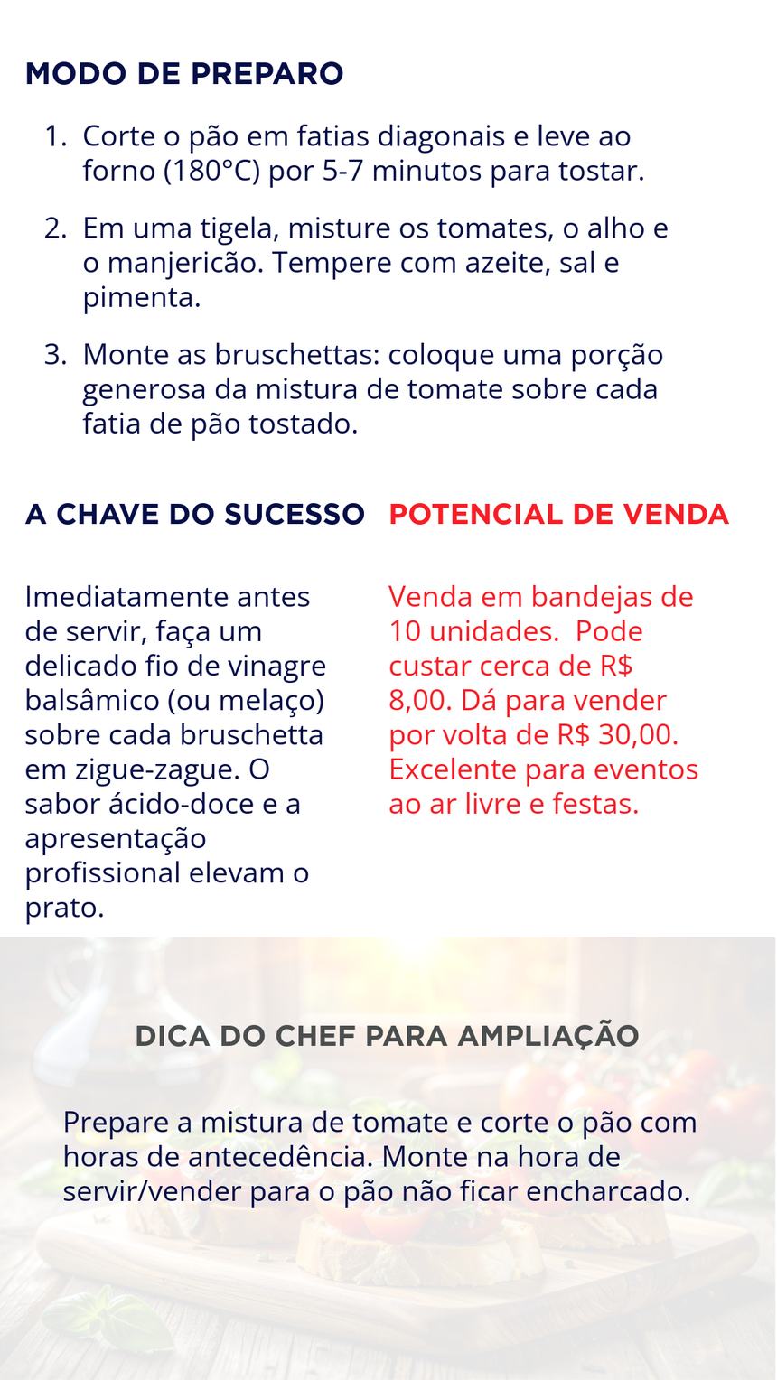 Bruschetta — modo de preparo e potencial de venda